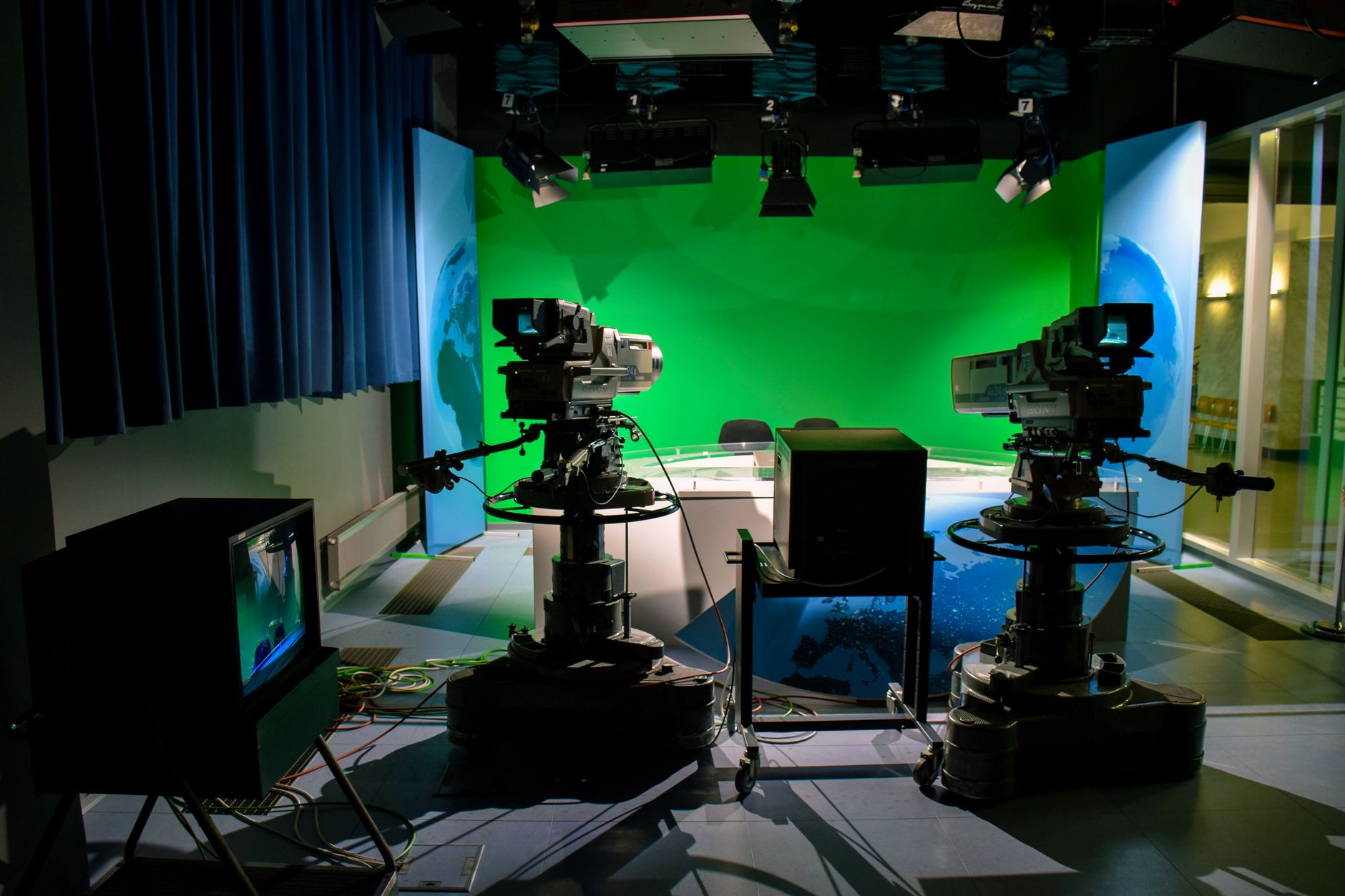 TV set with studio cameras and lights