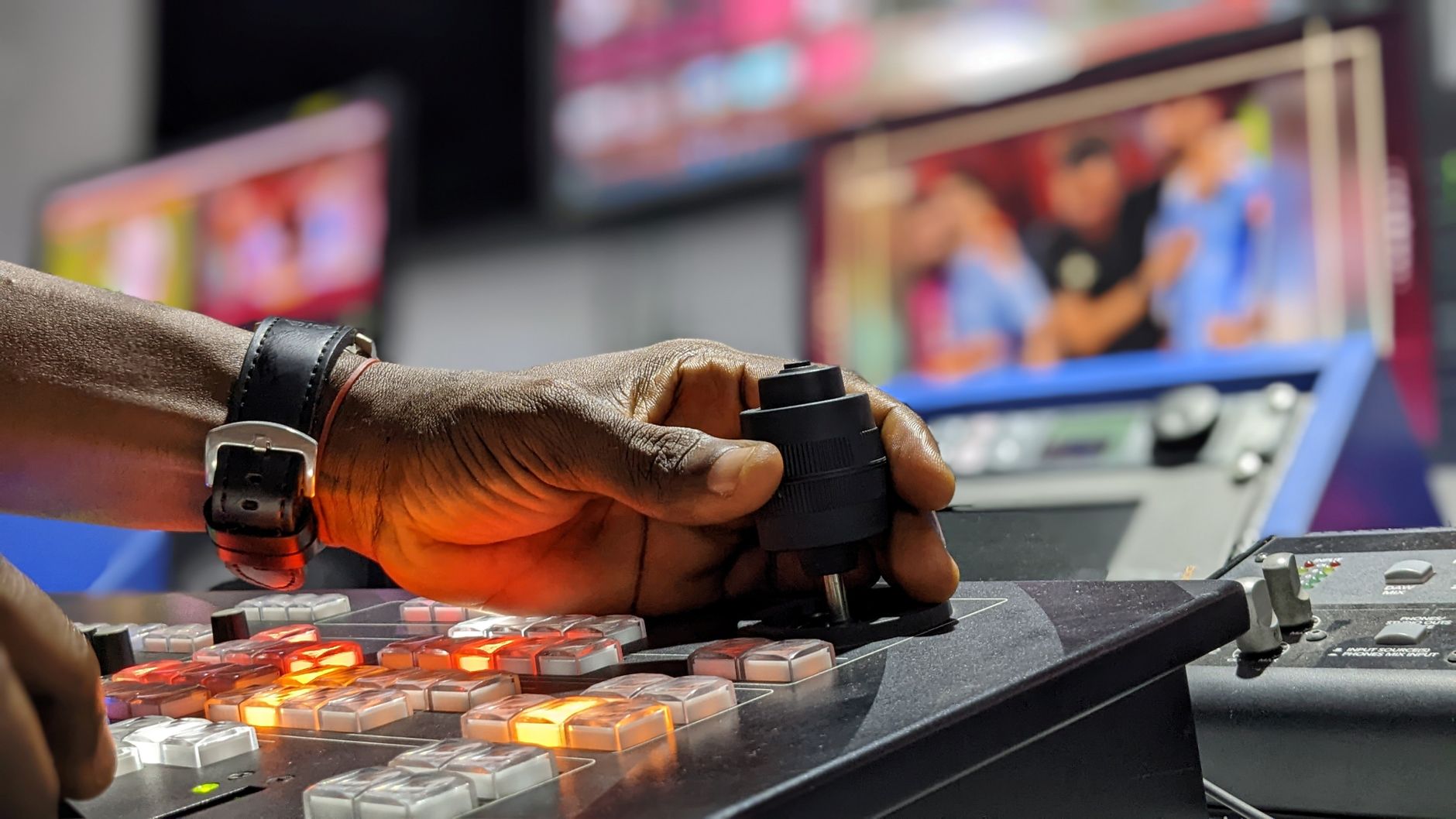 Television studio control panel with analytics metrics