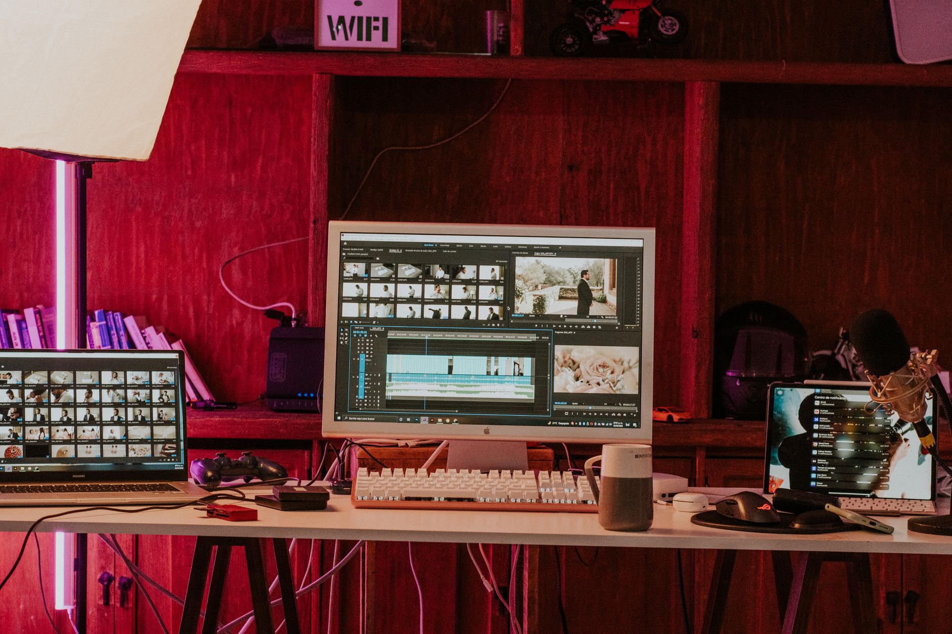 Close up on high tech digital video editing suite with timelines